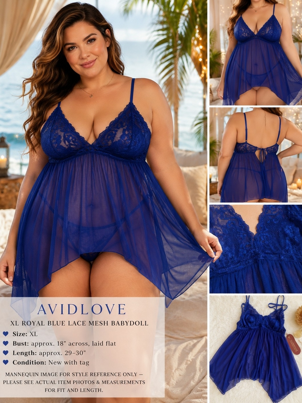 Avidlove XL Royal Blue Lace Mesh Babydoll Lingerie NWT